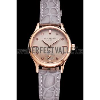 Replica Patek Philippe Calatrava Gray Dial Diamond Markings Rose Gold Case Gray Leather Strap