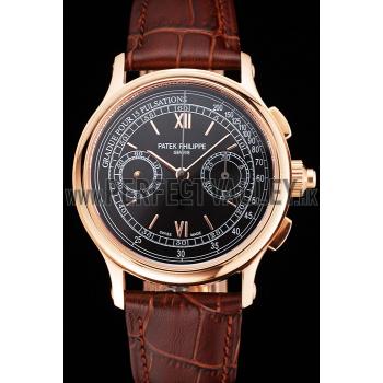 Swiss Patek Philippe 5170J Chronograph Black Dial Rose Gold Case Brown Leather Strap