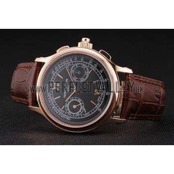 Swiss Patek Philippe 5170J Chronograph Black Dial Rose Gold Case Brown Leather Strap