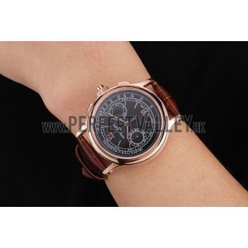 Swiss Patek Philippe 5170J Chronograph Black Dial Rose Gold Case Brown Leather Strap