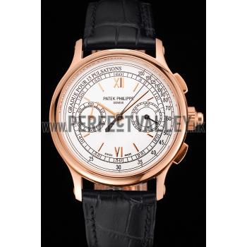 Swiss Patek Philippe 5170J Chronograph White Dial Rose Gold Case Black Leather Strap