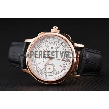 Swiss Patek Philippe 5170J Chronograph White Dial Rose Gold Case Black Leather Strap