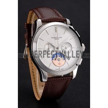 Patek Philippe Chronograph White Dial Stainless Steel Case Brown Leather Strap Replica