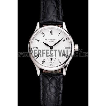 Patek Philippe Calatrava White Dial Roman Numerals Stainless Steel Case Black Leather Strap