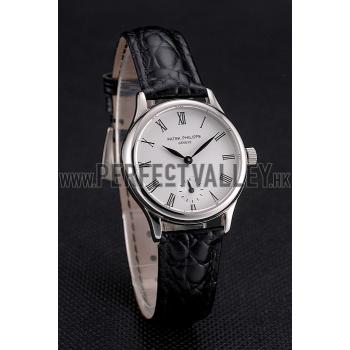 Patek Philippe Calatrava White Dial Roman Numerals Stainless Steel Case Black Leather Strap