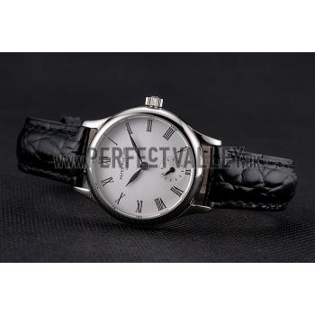 Patek Philippe Calatrava White Dial Roman Numerals Stainless Steel Case Black Leather Strap