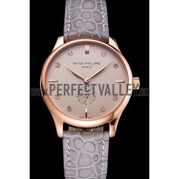 Cheap Patek Philippe Calatrava Gray Dial Diamond Markings Rose Gold Case Gray Leather Strap