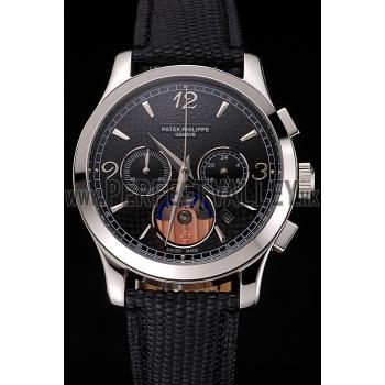 Patek Philippe Chronograph Black Guilloche Dial Stainless Steel Case Black Leather Strap