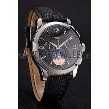 Patek Philippe Chronograph Black Guilloche Dial Stainless Steel Case Black Leather Strap