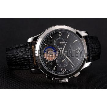 Patek Philippe Chronograph Black Guilloche Dial Stainless Steel Case Black Leather Strap