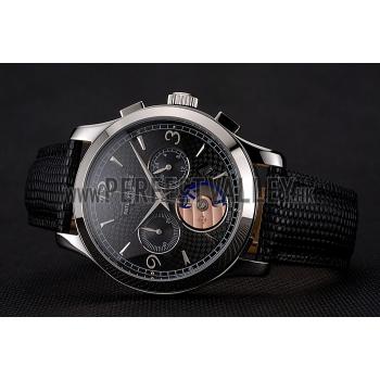 Patek Philippe Chronograph Black Guilloche Dial Stainless Steel Case Black Leather Strap