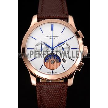 Cheap Patek Philippe Chronograph White Dial Rose Gold Case Brown Leather Strap