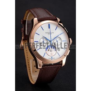 Cheap Patek Philippe Chronograph White Dial Rose Gold Case Brown Leather Strap