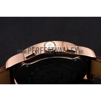 Cheap Patek Philippe Chronograph White Dial Rose Gold Case Brown Leather Strap