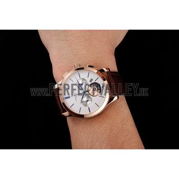 Cheap Patek Philippe Chronograph White Dial Rose Gold Case Brown Leather Strap