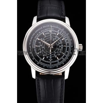 Swiss Patek Philippe Multi-Scale Chronograph Black Dial Stainless Steel Case Black Leather Strap