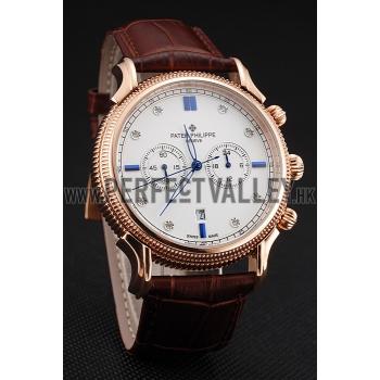 Replica Patek Philippe Chronograph White Dial With Blue And Diamond Markings Rose Gold Case Brown Leather Strap