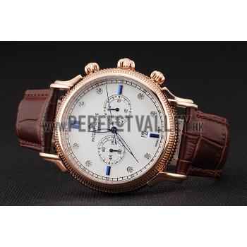 Replica Patek Philippe Chronograph White Dial With Blue And Diamond Markings Rose Gold Case Brown Leather Strap