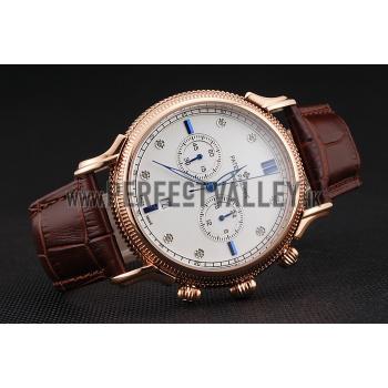 Replica Patek Philippe Chronograph White Dial With Blue And Diamond Markings Rose Gold Case Brown Leather Strap