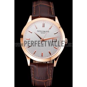 Swiss Patek Philippe Calatrava White Dial Rose Gold Case Brown Leather Strap