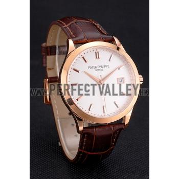 Swiss Patek Philippe Calatrava White Dial Rose Gold Case Brown Leather Strap