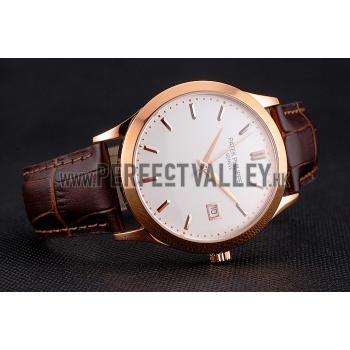 Swiss Patek Philippe Calatrava White Dial Rose Gold Case Brown Leather Strap