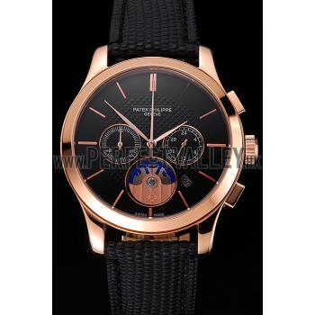 Patek Philippe Chronograph Black Dial Rose Gold Case Black Leather Strap