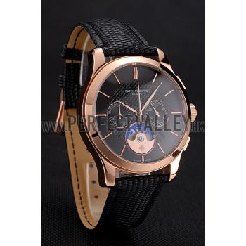 Patek Philippe Chronograph Black Dial Rose Gold Case Black Leather Strap