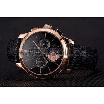 Patek Philippe Chronograph Black Dial Rose Gold Case Black Leather Strap