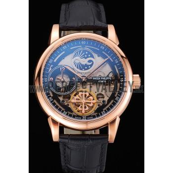 Patek Philippe Dual Time Moonphase Tourbillon Black Skeletonised Rose Gold Case Black Leather Strap