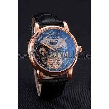 Patek Philippe Dual Time Moonphase Tourbillon Black Skeletonised Rose Gold Case Black Leather Strap