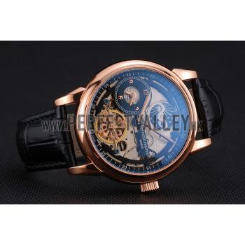 Patek Philippe Dual Time Moonphase Tourbillon Black Skeletonised Rose Gold Case Black Leather Strap