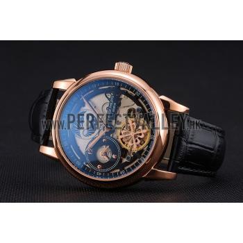 Patek Philippe Dual Time Moonphase Tourbillon Black Skeletonised Rose Gold Case Black Leather Strap