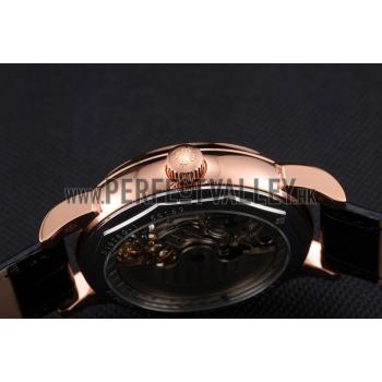 Patek Philippe Dual Time Moonphase Tourbillon Black Skeletonised Rose Gold Case Black Leather Strap