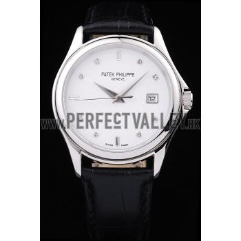 Patek Philippe Geneve Calatrava Crystal Studded Hour Marker White Dial Black Leather Strap