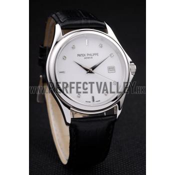 Patek Philippe Geneve Calatrava Crystal Studded Hour Marker White Dial Black Leather Strap