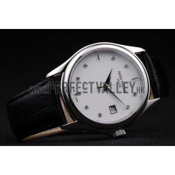 Patek Philippe Geneve Calatrava Crystal Studded Hour Marker White Dial Black Leather Strap