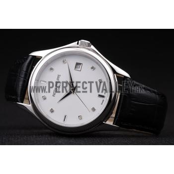 Patek Philippe Geneve Calatrava Crystal Studded Hour Marker White Dial Black Leather Strap