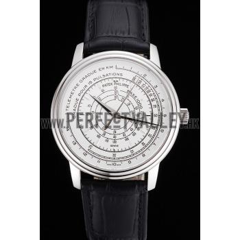 Cheap Swiss Patek Philippe Multi-Scale Chronograph White Dial Stainless Steel Case Black Leather Strap