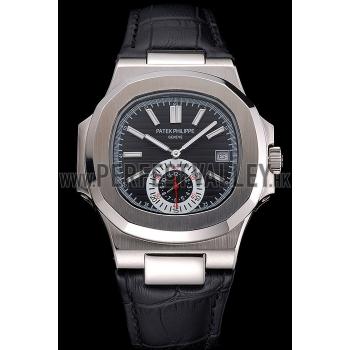 Cheap Patek Philippe Nautilus Black Dial Stainless Steel Case Black Leather Strap