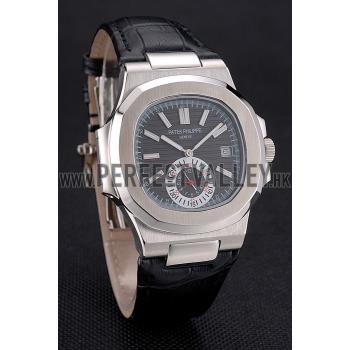 Cheap Patek Philippe Nautilus Black Dial Stainless Steel Case Black Leather Strap