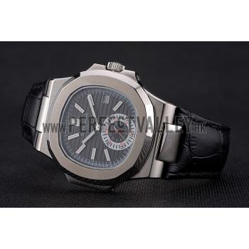 Cheap Patek Philippe Nautilus Black Dial Stainless Steel Case Black Leather Strap