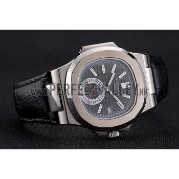 Cheap Patek Philippe Nautilus Black Dial Stainless Steel Case Black Leather Strap