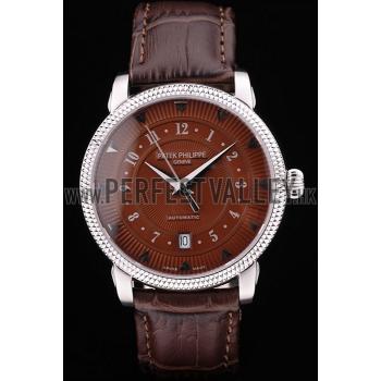 Patek Philippe Swiss Calatrava Ribbed Bezel Brown Dial Brown Leather Strap 7658 Replica