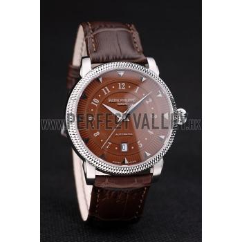 Patek Philippe Swiss Calatrava Ribbed Bezel Brown Dial Brown Leather Strap 7658 Replica