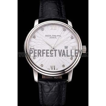 Patek Philippe Calatrava Date White Embossed Dial Stainless Steel Case Black Leather Strap