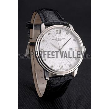 Patek Philippe Calatrava Date White Embossed Dial Stainless Steel Case Black Leather Strap