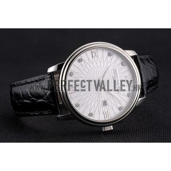 Patek Philippe Calatrava Date White Embossed Dial Stainless Steel Case Black Leather Strap