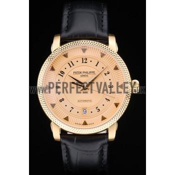 Patek Philippe Swiss Calatrava Ribbed Bezel Orange Dial Black Leather Strap 7638