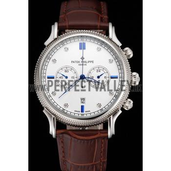 Patek Philippe Chronograph White Dial With Diamond And Blue Markings Stainless Steel Case Brown Leather Strap Replica